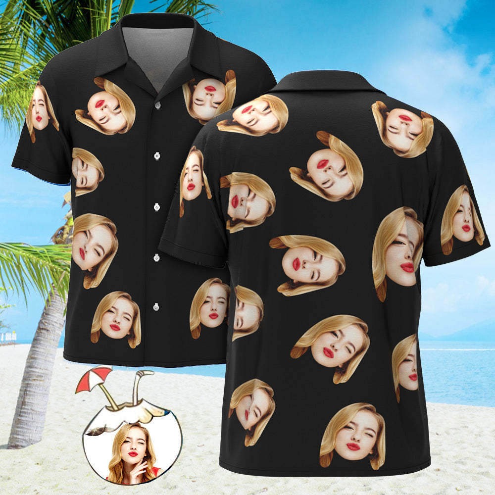 Custom Face Hawaiian Shirts Personalized Photos Funny Men's Shirt Gift Black	 - FaceSocksUSA