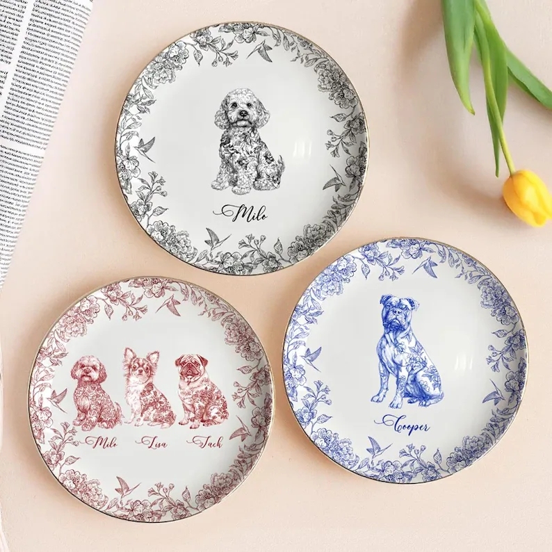 Personalized Custom Ceramic Plate Whispers Of Love In Toile de Jouy Dog Gift For Pet Owners, Pet Lovers