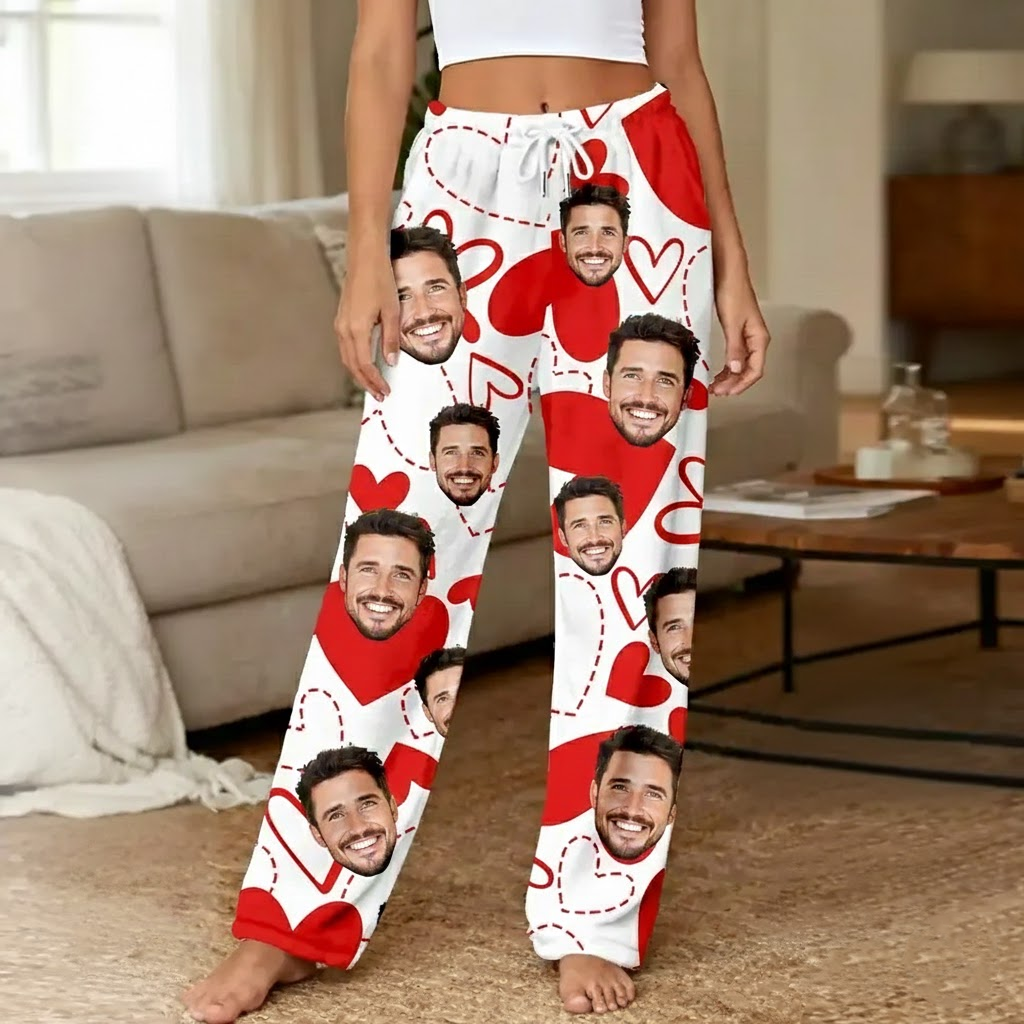 Custom Pajamas Pants White Base Hollow Dotted Line Solid Heart Valentine's Gift for Her - FaceSocksUSA