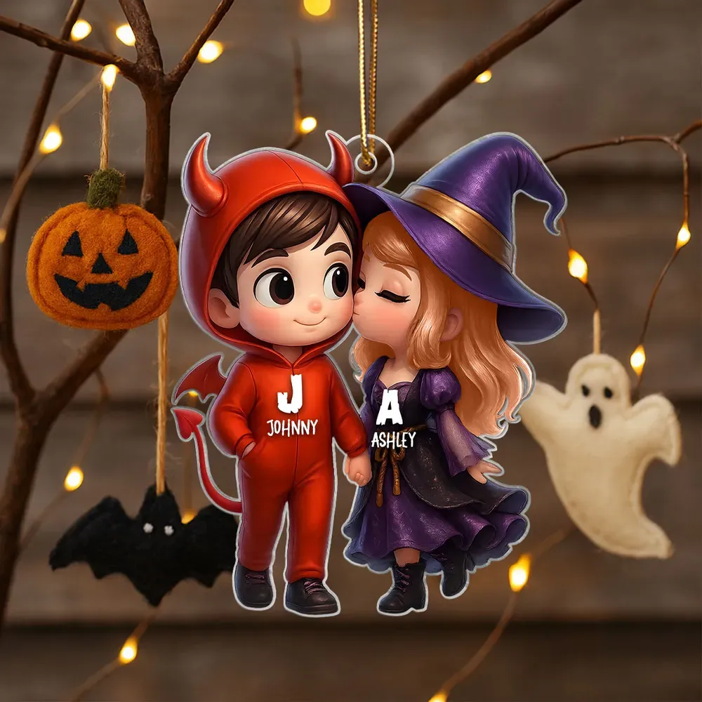 Cute Cartoon Halloween Couple Personalized Acrylic Ornament,Halloween Tree Decoration