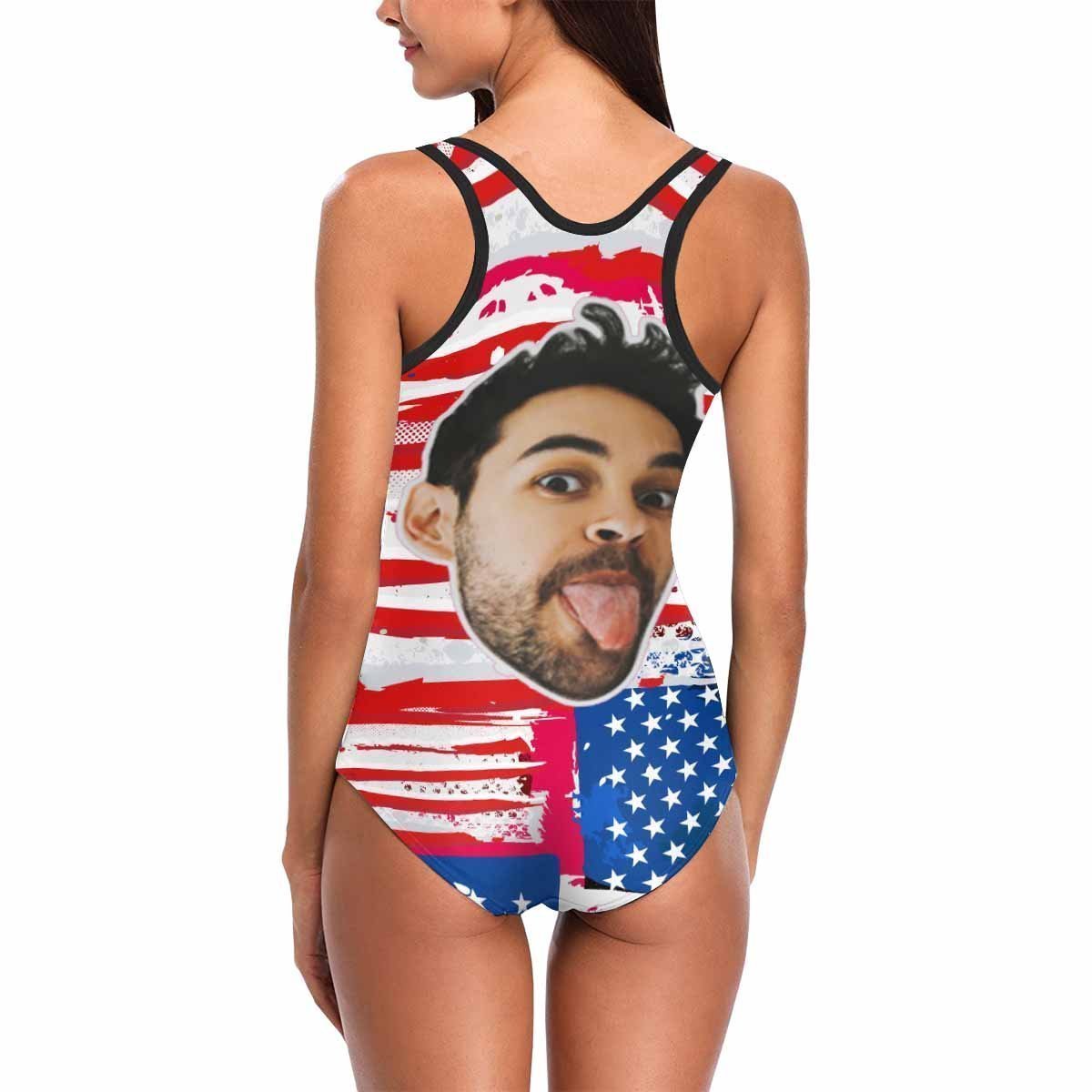 Custom Face Swimwear Women's Photo Slip One Piece Swimsuit - USA Flag - FaceSocksUSA