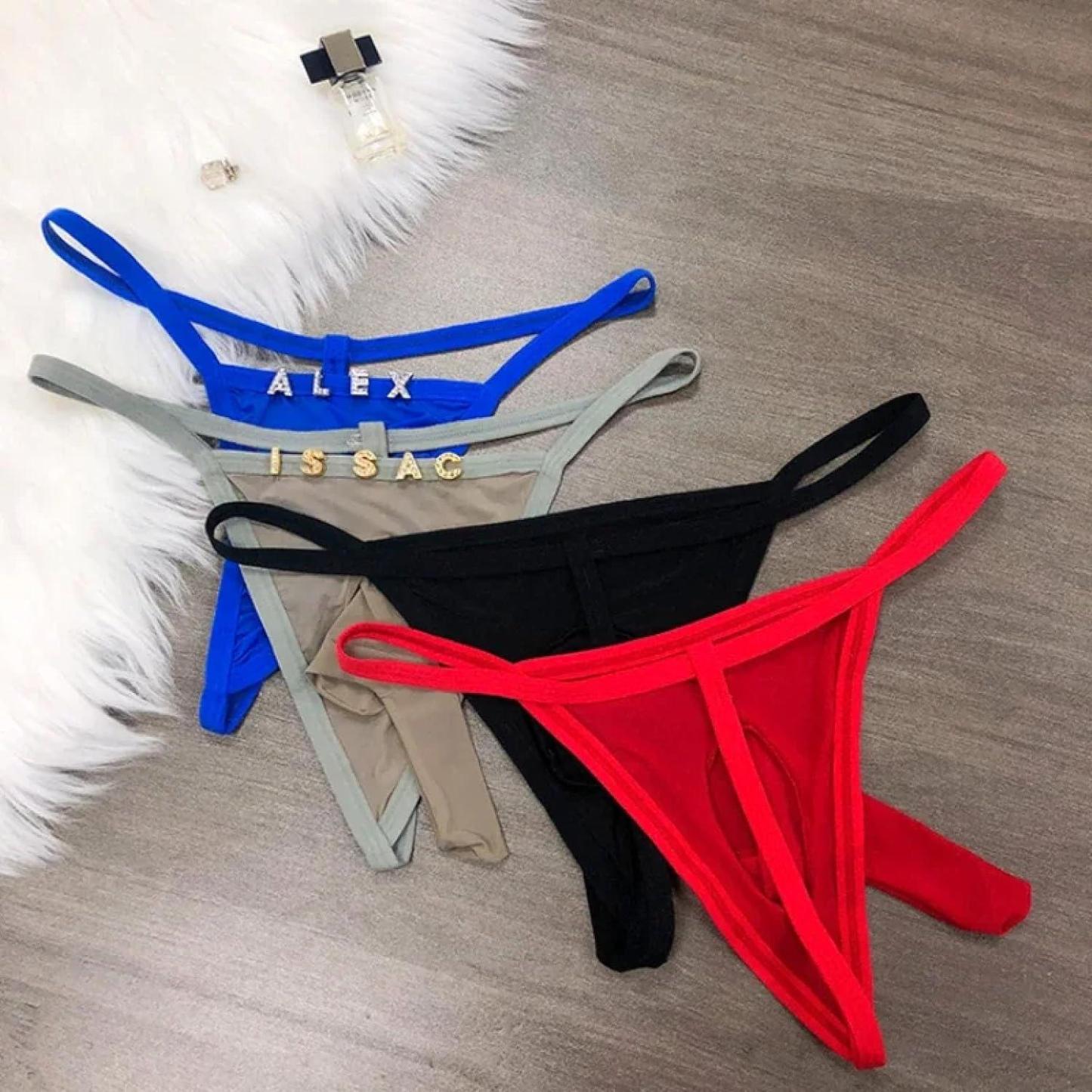 Men'S Low Rise G-String Thong Personalized Name Letter Diy Rhinestone Thong String For Men, Mesh Bulge Pouch U