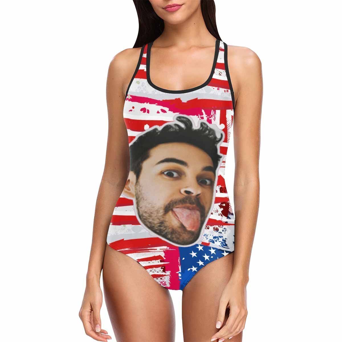 Custom Face Swimwear Women's Photo Slip One Piece Swimsuit - USA Flag - FaceSocksUSA