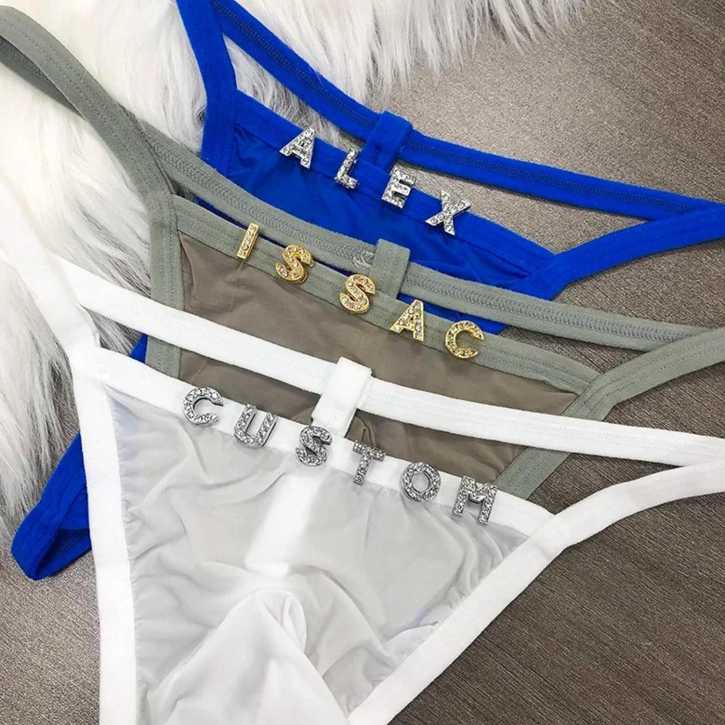 Men'S Low Rise G-String Thong Personalized Name Letter Diy Rhinestone Thong String For Men, Mesh Bulge Pouch U