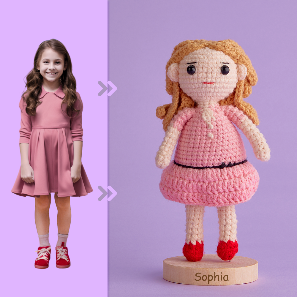 Full Body Customizable 1 Person Custom Crochet Doll Personalized Gifts Handwoven Mini Dolls - Girl in Pink Skirt - FaceSocksUsa
