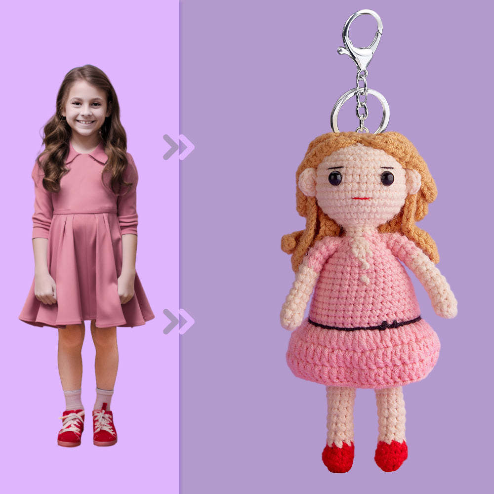 Full Body Customizable 1 Person Custom Crochet Doll Personalized Gifts Handwoven Mini Dolls - Girl in Pink Skirt - FaceSocksUsa