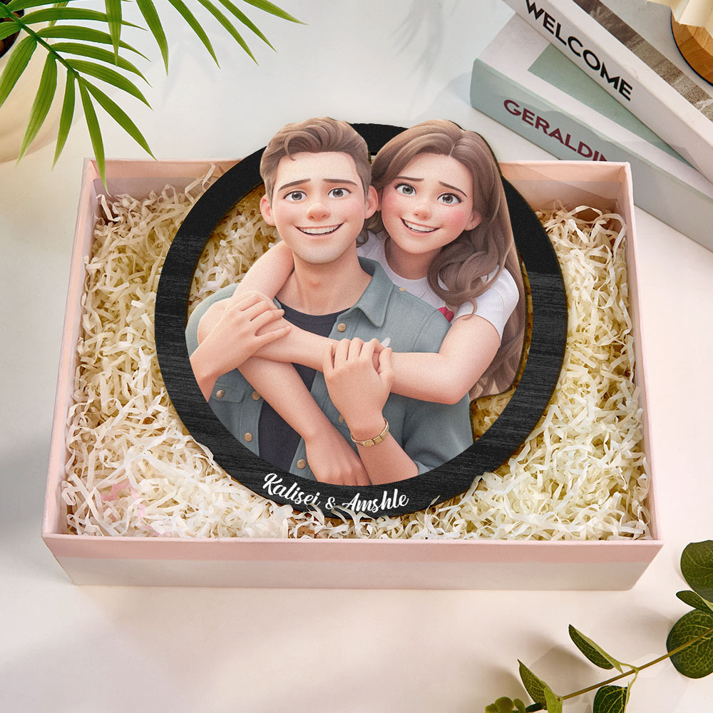 Couple Gifts for Valentine Custom Photo 3D Cartoon Portrait Gift Photo Frame, Cartoon Style 3D Photo Wooden Frame Sign, Wedding Anniversary Gift