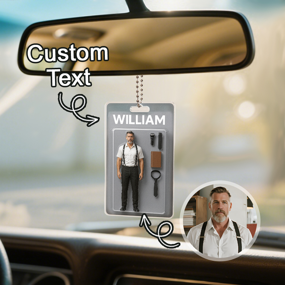 3D Effect Action Figure Pack Packaging Toy Box Style Art Gift Personalized Acrylic Car Hanger Gift for Dad Father's Day Gift