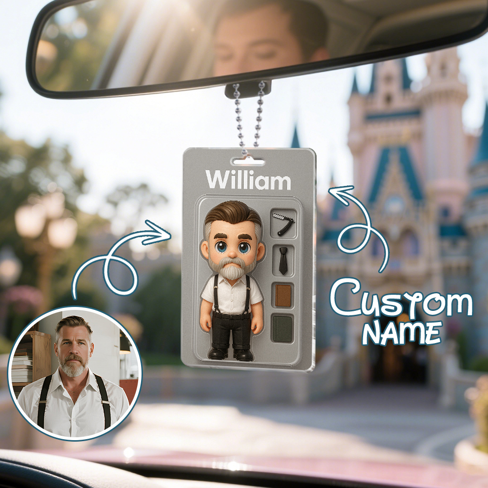3D Effect Action Figure Pack Packaging Toy Box Style Art Gift Personalized Acrylic Car Hanger Gift for Dad Father's Day Gift