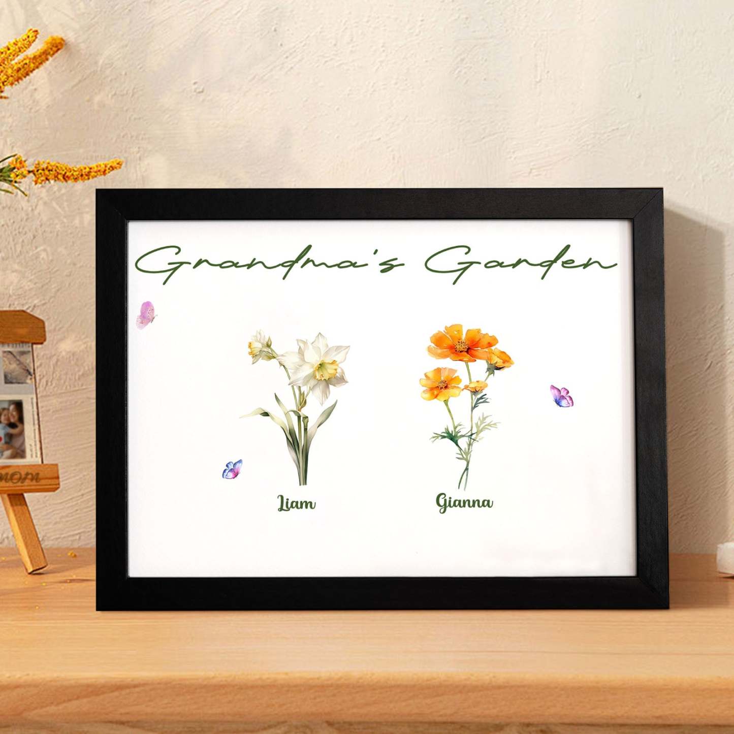 Custom Grandma's Garden Wooden Photo Frame Personalized Birth Flower Mother's Day Gift - FaceSocksUSA