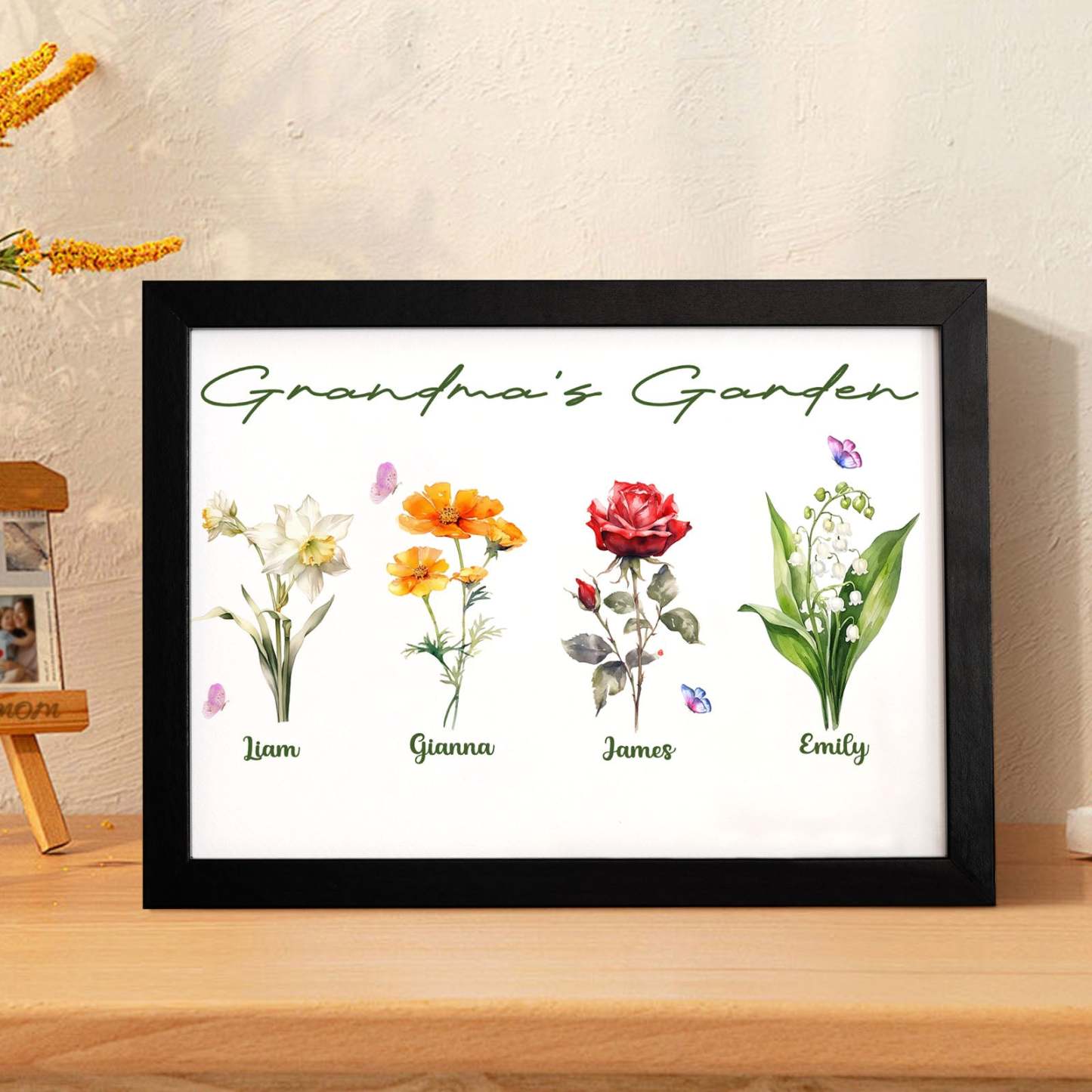 Custom Grandma's Garden Wooden Photo Frame Personalized Birth Flower Mother's Day Gift - FaceSocksUSA