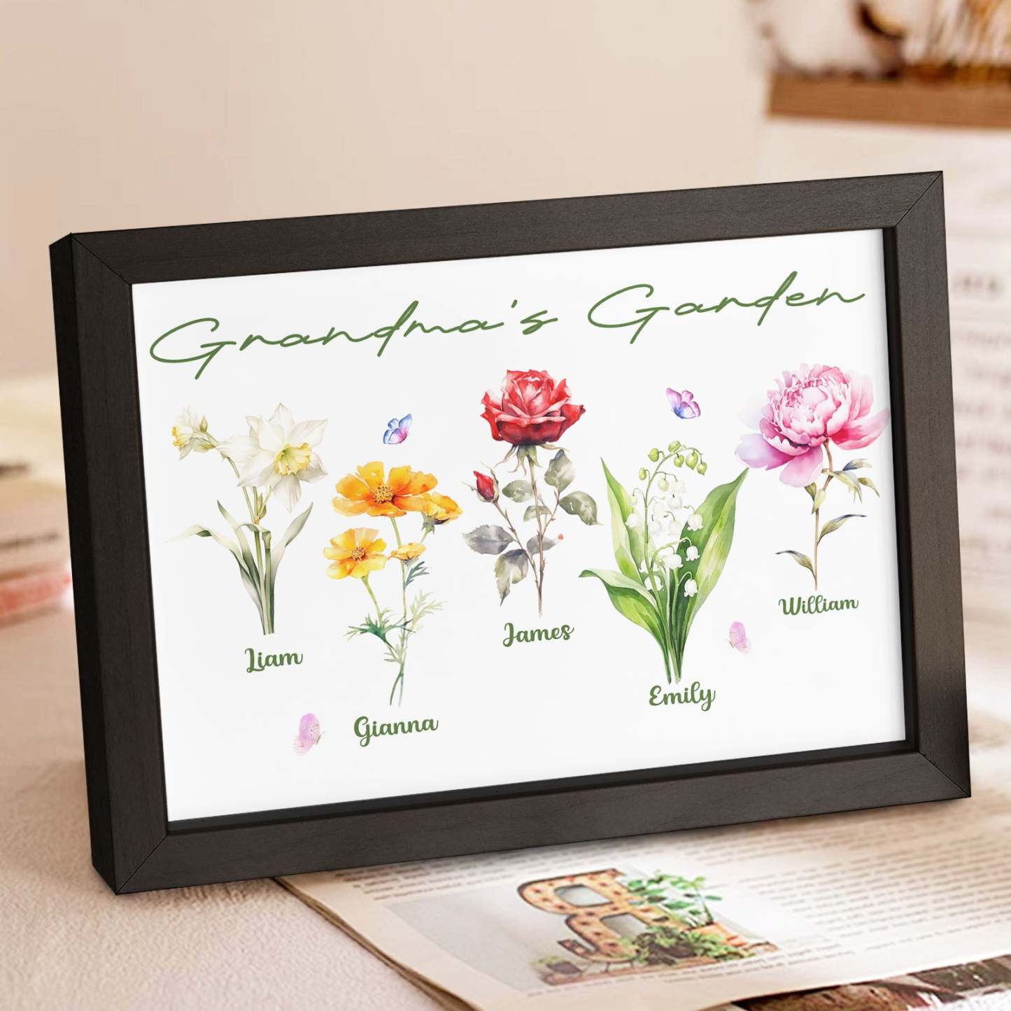 Custom Grandma's Garden Wooden Photo Frame Personalized Birth Flower Mother's Day Gift - FaceSocksUSA