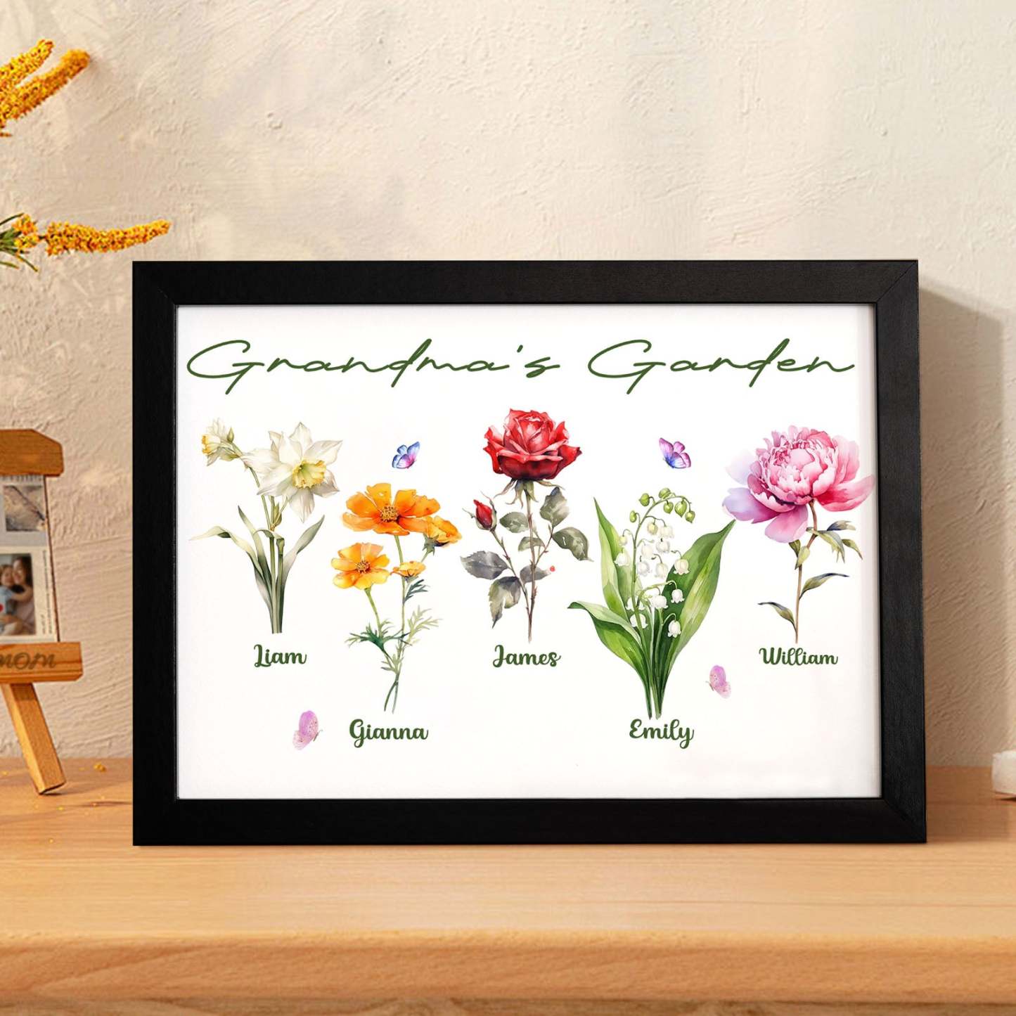 Custom Grandma's Garden Wooden Photo Frame Personalized Birth Flower Mother's Day Gift - FaceSocksUSA
