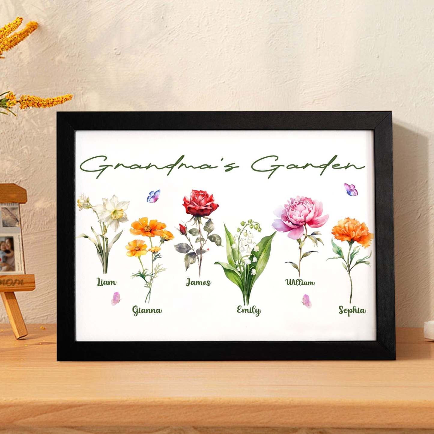 Custom Grandma's Garden Wooden Photo Frame Personalized Birth Flower Mother's Day Gift - FaceSocksUSA