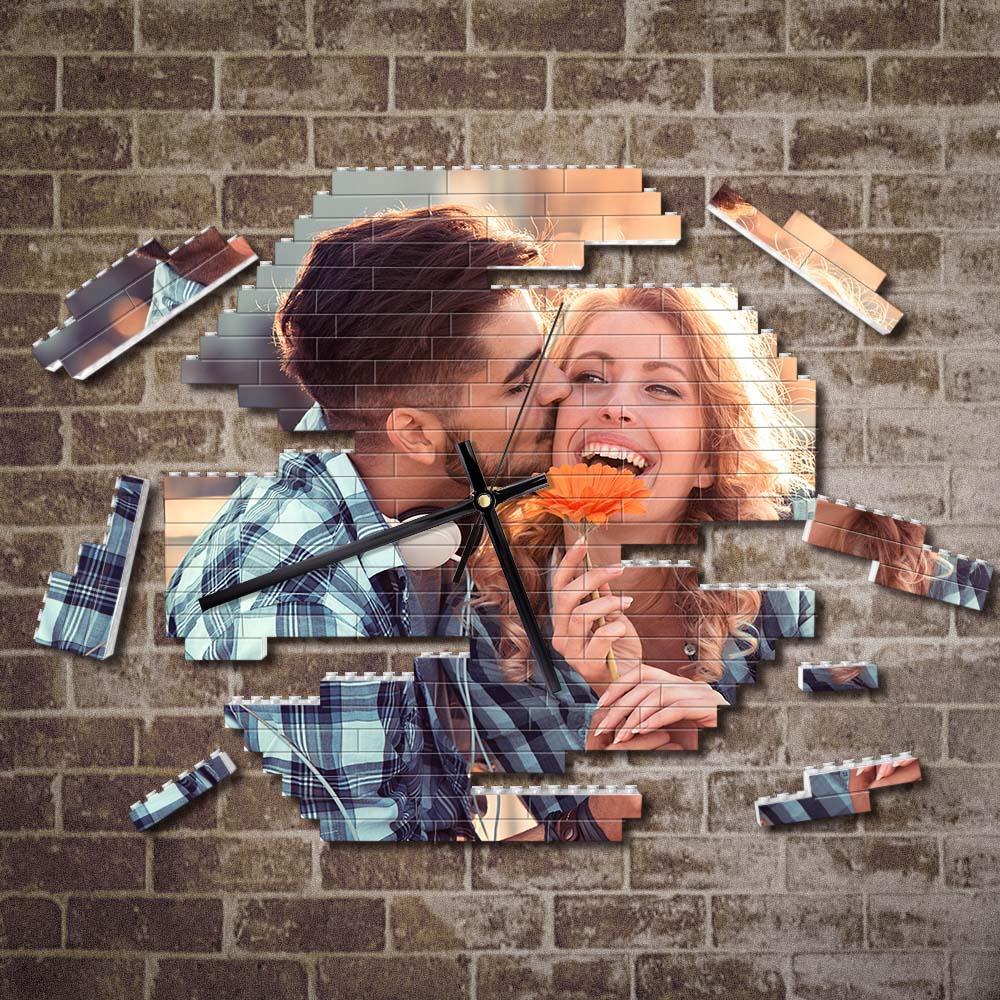 Custom Building Blocks Wall Clock Personalized Puzzle Custom Photo Brick Clock Couple Gift - FaceSocksUsa