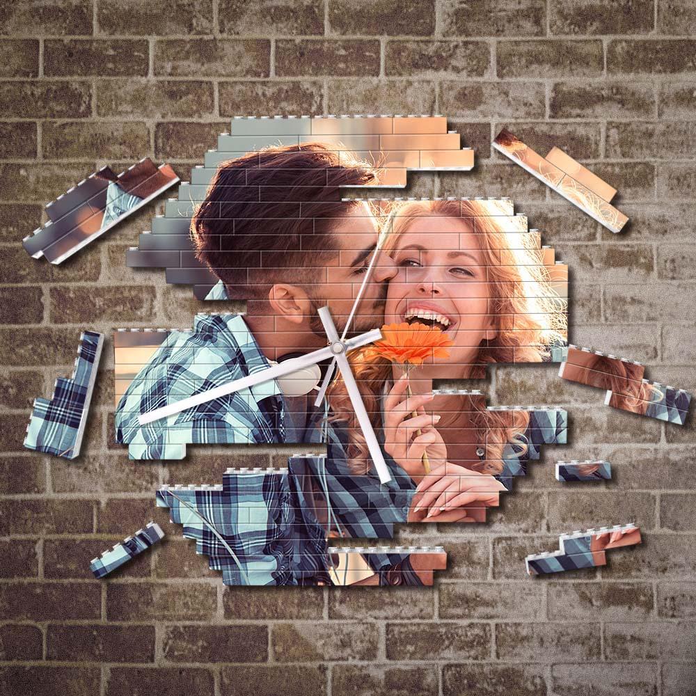 Custom Building Blocks Wall Clock Personalized Puzzle Custom Photo Brick Clock Couple Gift - FaceSocksUsa