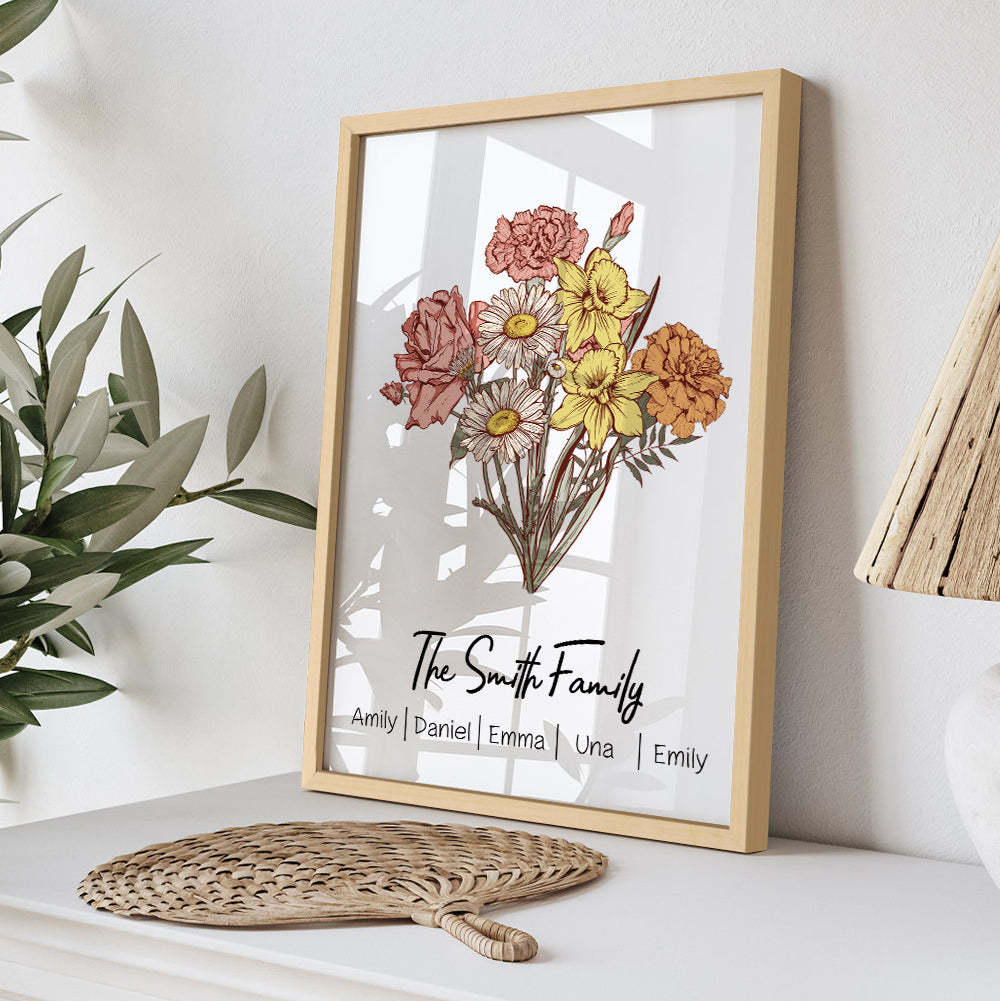Personalized Birth flower Bouquet Names Frame Gift for Mom - FaceSocksUsa
