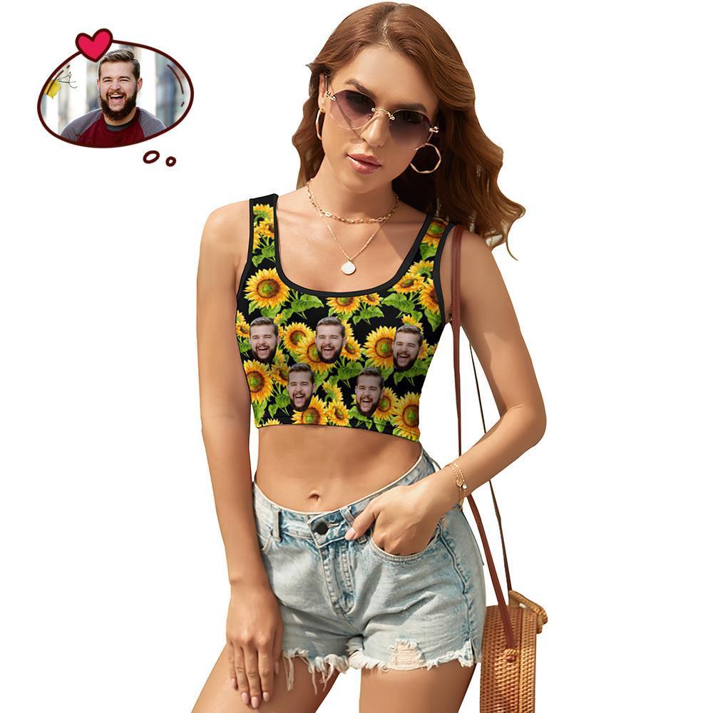 Custom Women's Photo Short Vest Personalized Face Tank Top Crop Top - Sunflower - FaceSocksUSA