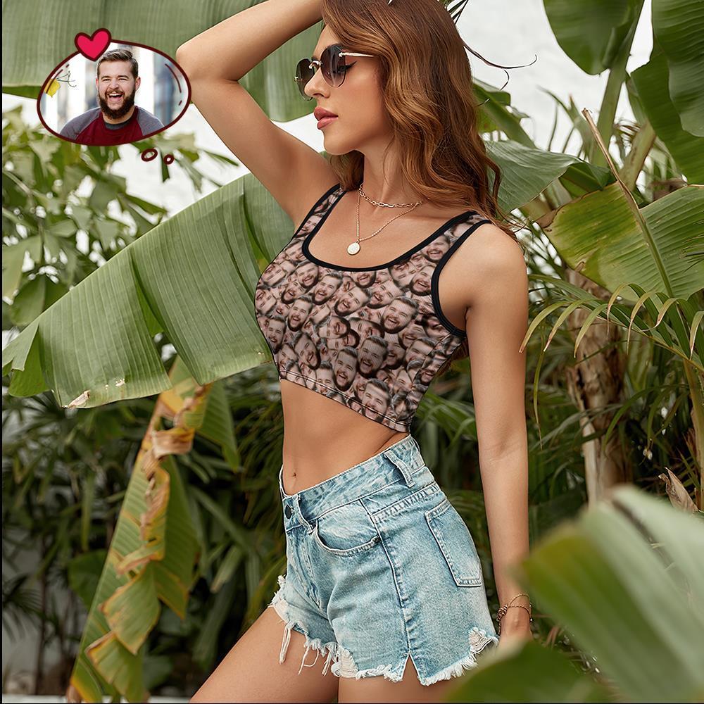 Custom Women's Photo Short Vest Personalized Face Mash Tank Top Crop Top - FaceSocksUSA