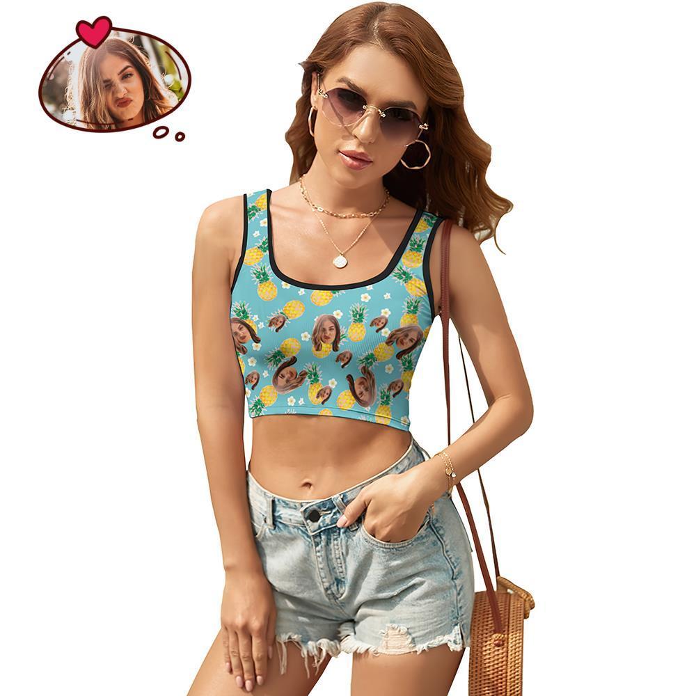 Custom Women's Photo Short Vest Personalized Face Tank Top Crop Top - Pineapple and Flower - FaceSocksUSA