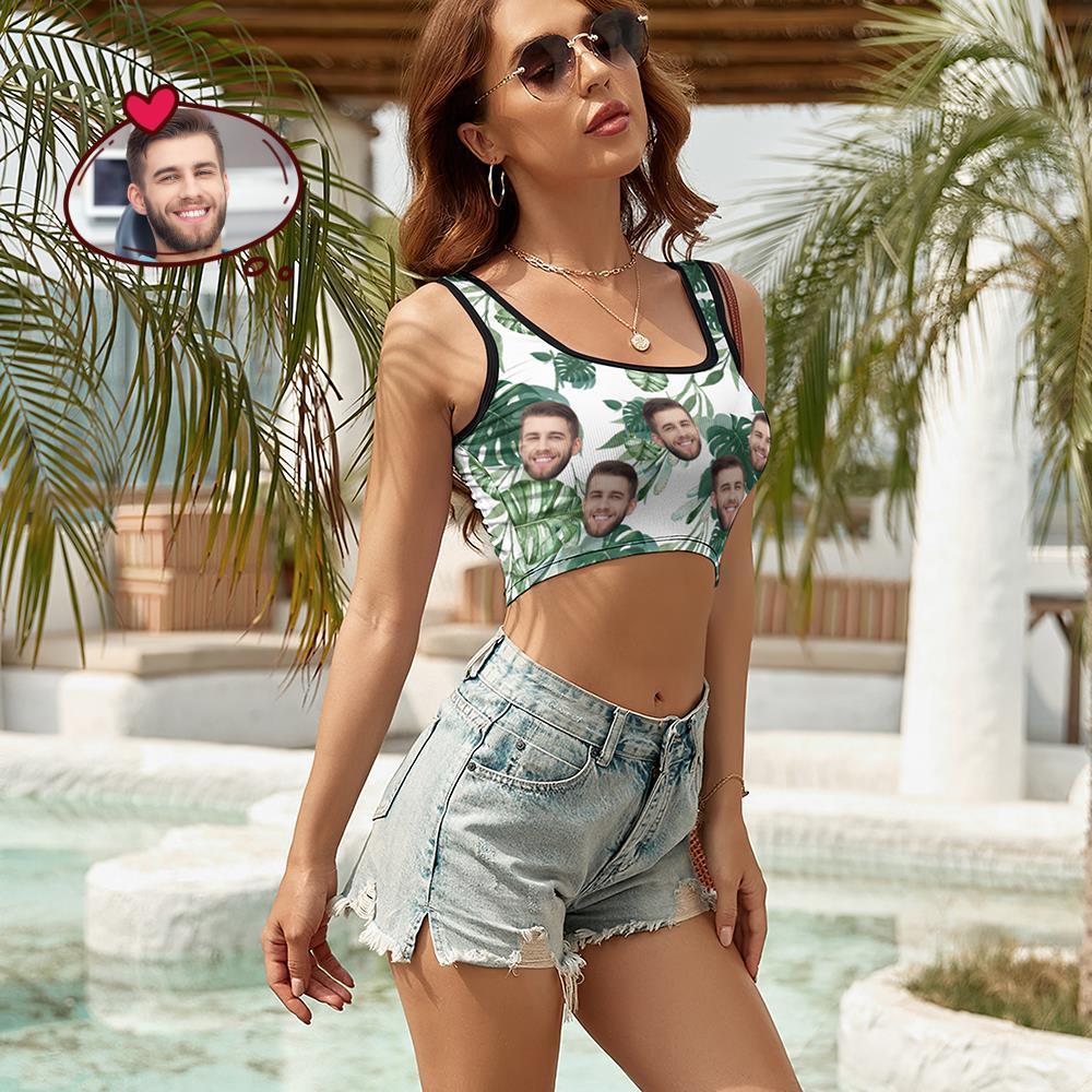 Custom Women's Photo Short Vest Personalized Face Tank Top Crop Top - Green Leaves - FaceSocksUSA