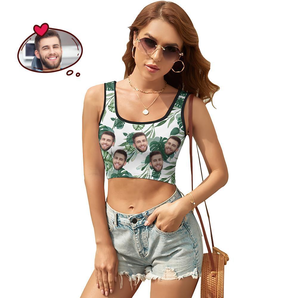 Custom Women's Photo Short Vest Personalized Face Tank Top Crop Top - Green Leaves - FaceSocksUSA