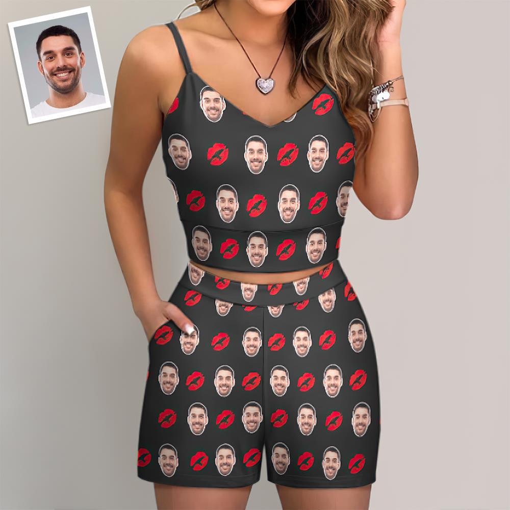 Custom Women's Photo Suspender Vest Suit Personalized Gift - Red Lips - FaceSocksUSA