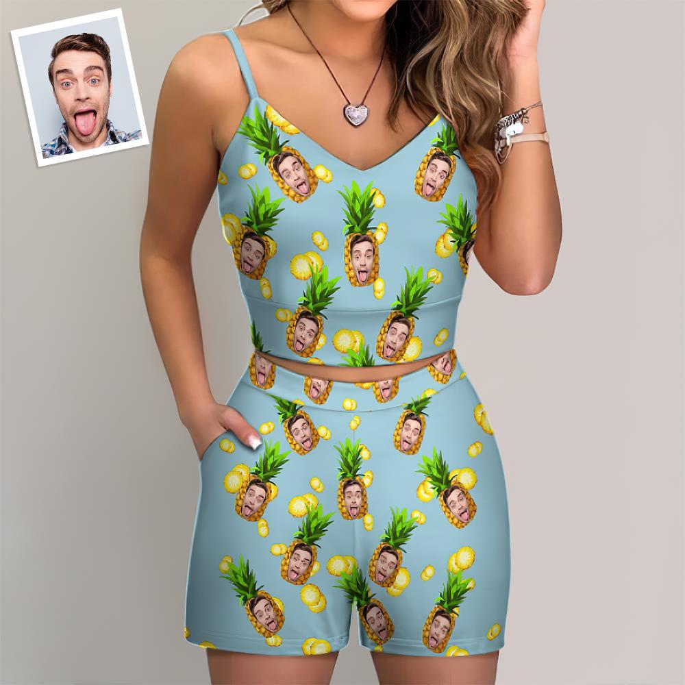 Custom Women's Photo Suspender Vest Suit Personalized Hawaiian Style Gift - Pineapple - FaceSocksUSA