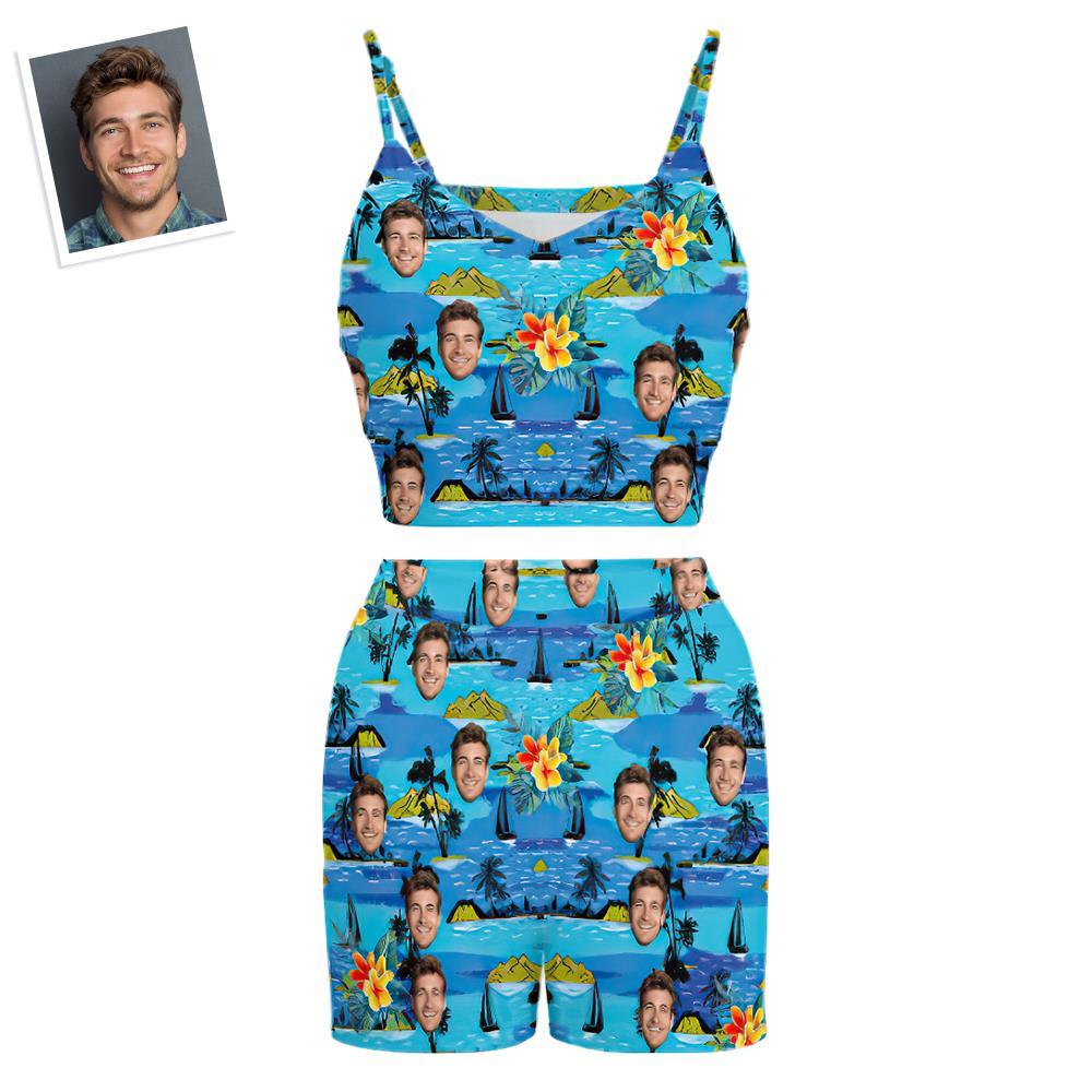 Custom Women's Photo Suspender Vest Suit Personalized Blue Hawaiian Style Gift - FaceSocksUSA