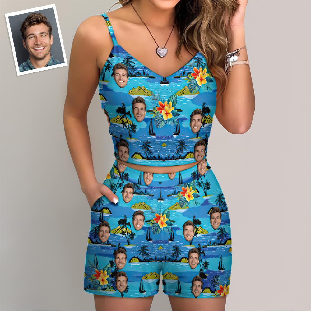 Custom Women's Photo Suspender Vest Suit Personalized Blue Hawaiian Style Gift - FaceSocksUSA