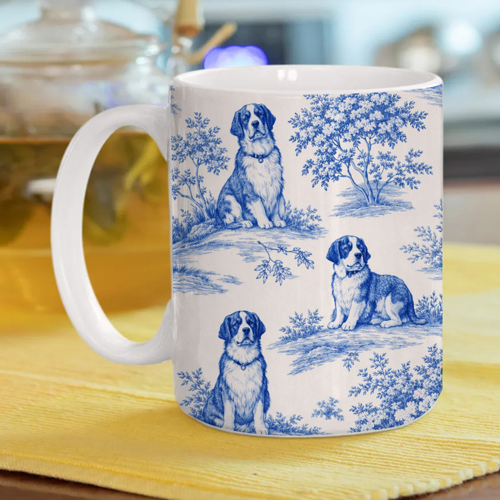 Bernese Mountain Dog Toile de Jouy Mug- Elegant Blue French Toile Coffee Cup Gifts for Berner Mom, Dog Lovers Chinoiserie Ceramic Tea Cup