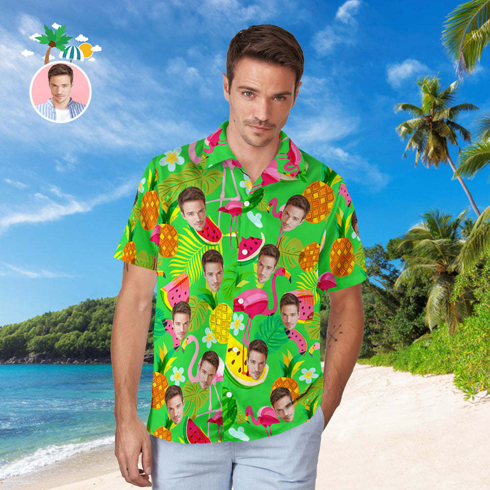 Custom Face Hawaiian Shirt Flamingo All Over Print Personalized Shirt Cherry Parrot with Your Photo - FaceSocksUSA