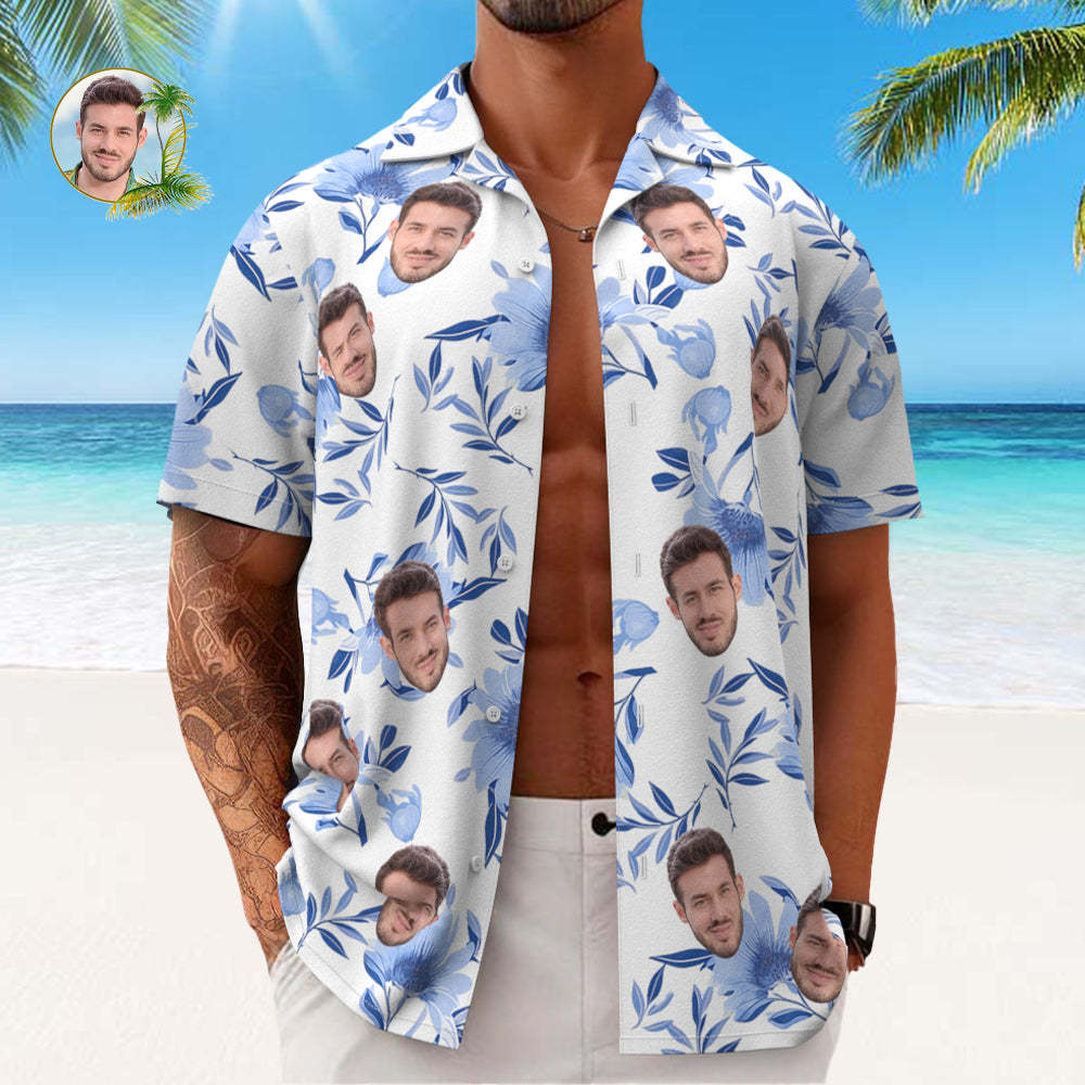 Custom Face All Over Print Men's Hawaiian Shirt Blue Leaves Gift for Him - FaceSocksUSA