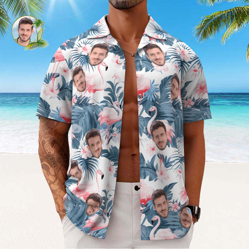 Custom Face All Over Print Men's Hawaiian Shirt Flamingo and Flowers Blue Leaves	 - FaceSocksUSA