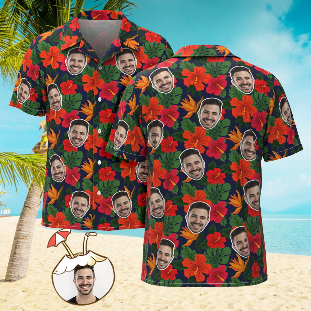 Custom Men's Shirt Face All Over Print Hawaiian Shirt Hibiscus Gifts - FaceSocksUsa