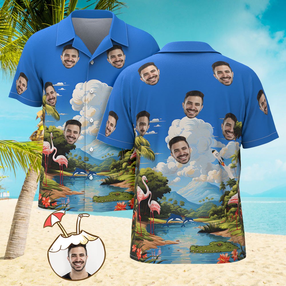 Custom Men's Shirt Face All Over Print Hawaiian Shirt - Sky - FaceSocksUsa