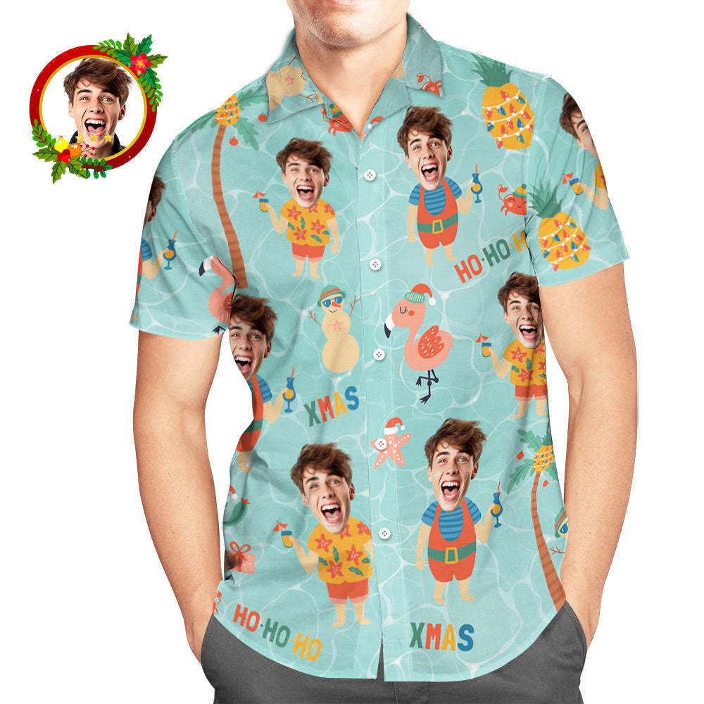 Custom Face Hawaiian Shirt Pineapple With Santa Claus Men's Christmas Shirts - FaceSocksUsa