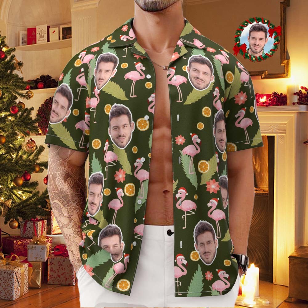 Custom Face All Over Print Men's Hawaiian Shirt Pink Flamingo Happy Christmas Hawaiian Shirt - FaceSocksUsa