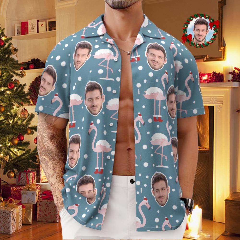 Custom Face All Over Print Men's Hawaiian Shirt Flamingo In Santa Hat Christmas Shirt - FaceSocksUsa