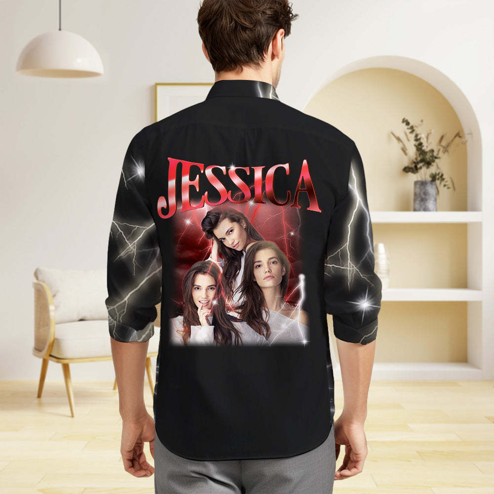 Custom Photo and Text Long Sleeve Shirts Personalized Photo Gift Men's Vintage Personality Lightning Shirts