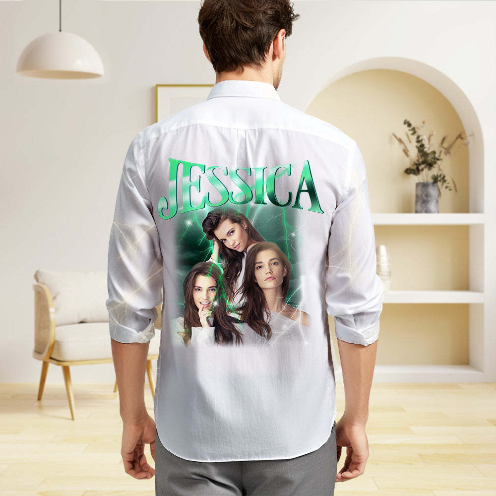 Custom Photo and Text Long Sleeve Shirts Personalized Photo Gift Men's Vintage Personality Lightning Shirts