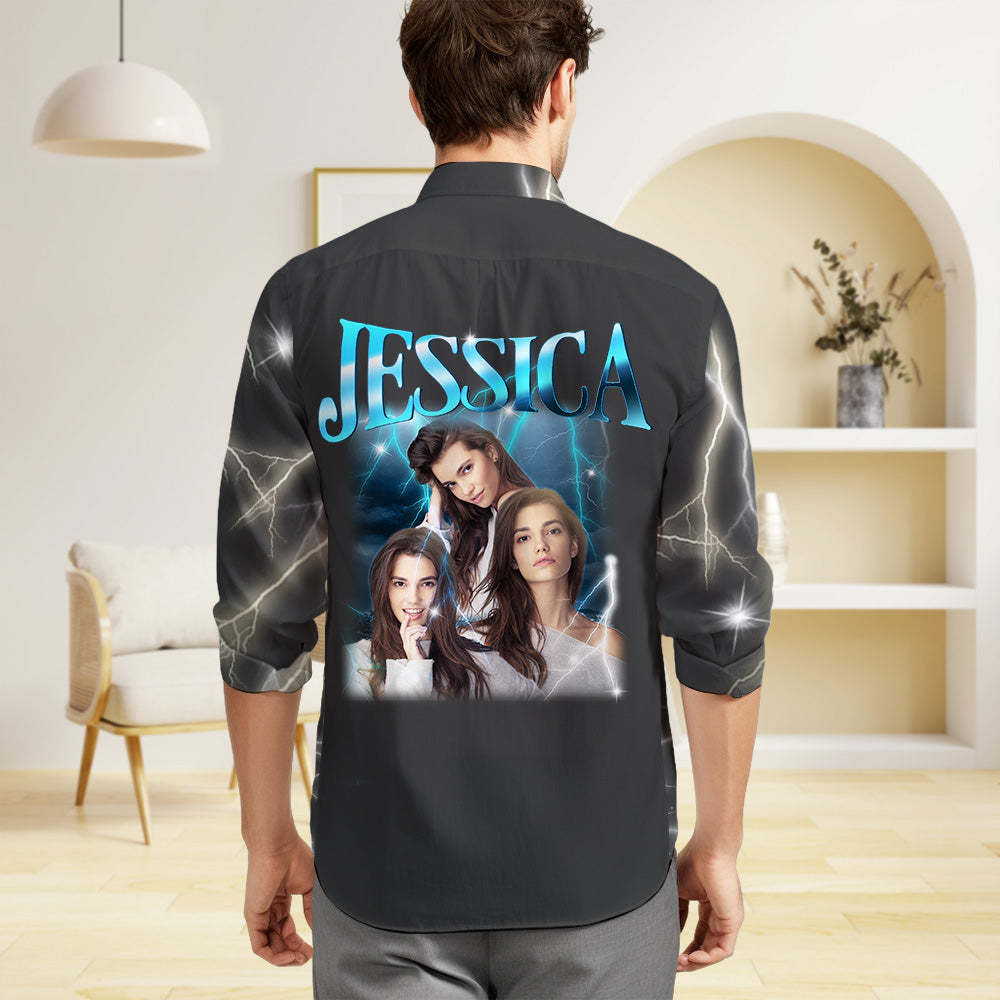 Custom Photo and Text Long Sleeve Shirts Personalized Photo Gift Men's Vintage Personality Lightning Shirts