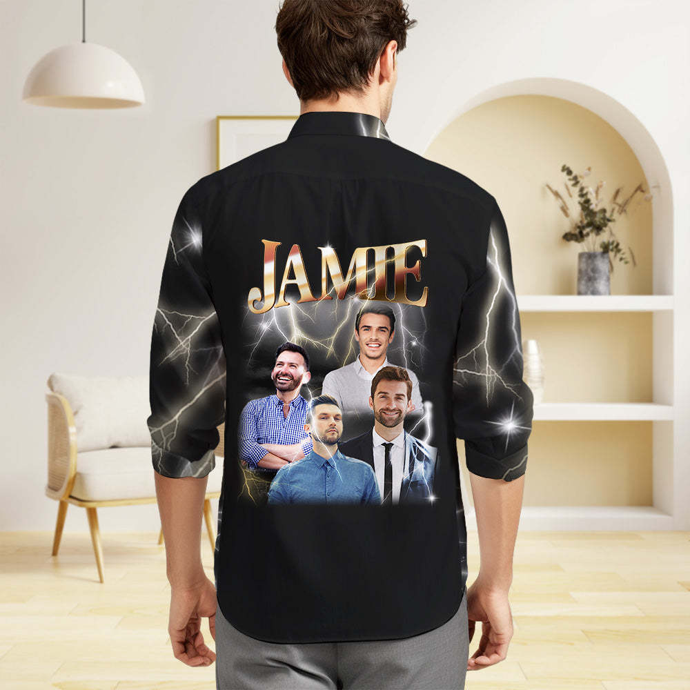 Custom Photo and Text Long Sleeve Shirts Personalized Photo Gift Men's Vintage Personality Lightning Shirts