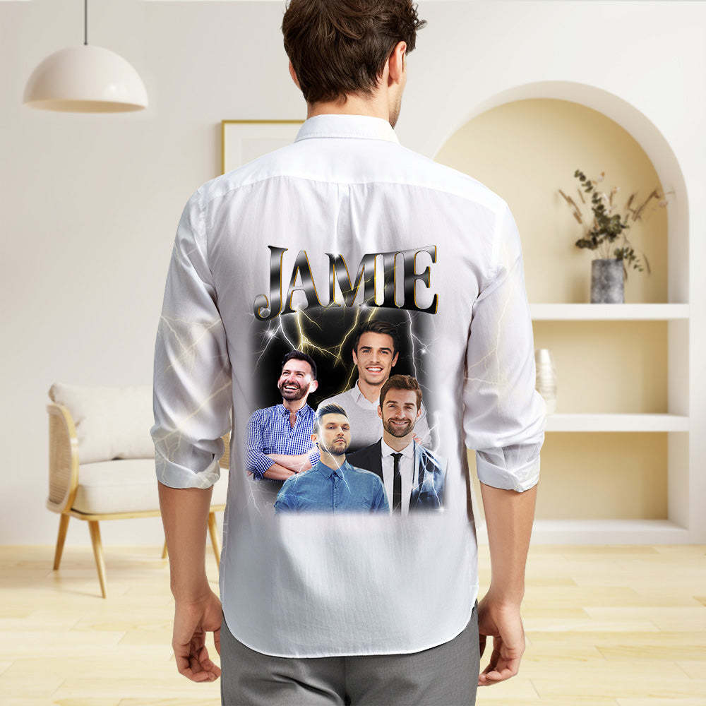 Custom Photo and Text Long Sleeve Shirts Personalized Photo Gift Men's Vintage Personality Lightning Shirts