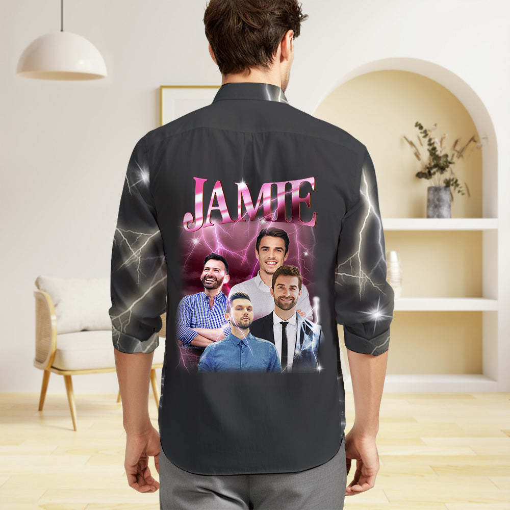 Custom Photo and Text Long Sleeve Shirts Personalized Photo Gift Men's Vintage Personality Lightning Shirts