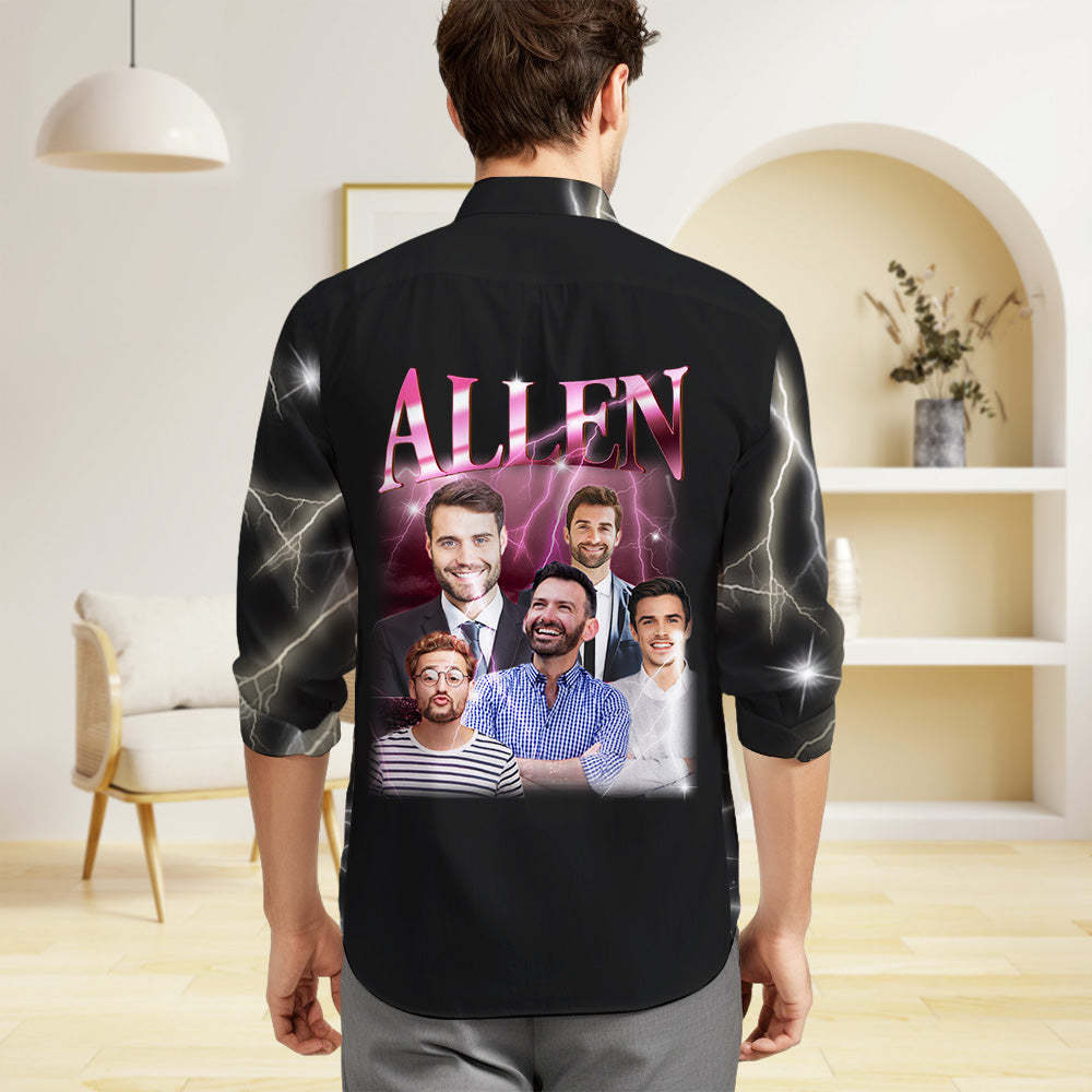 Custom Photo and Text Long Sleeve Shirts Personalized Photo Gift Men's Vintage Personality Lightning Shirts
