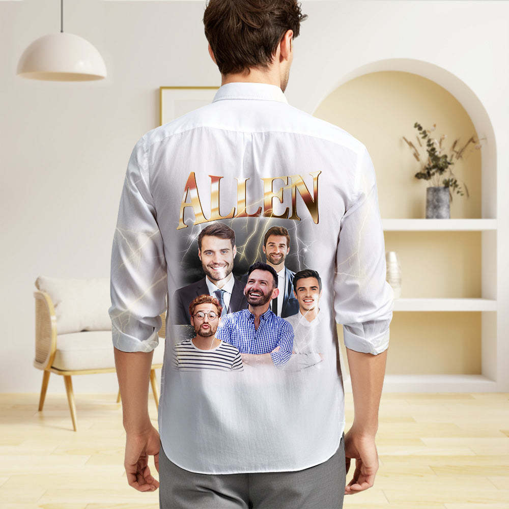 Custom Photo and Text Long Sleeve Shirts Personalized Photo Gift Men's Vintage Personality Lightning Shirts