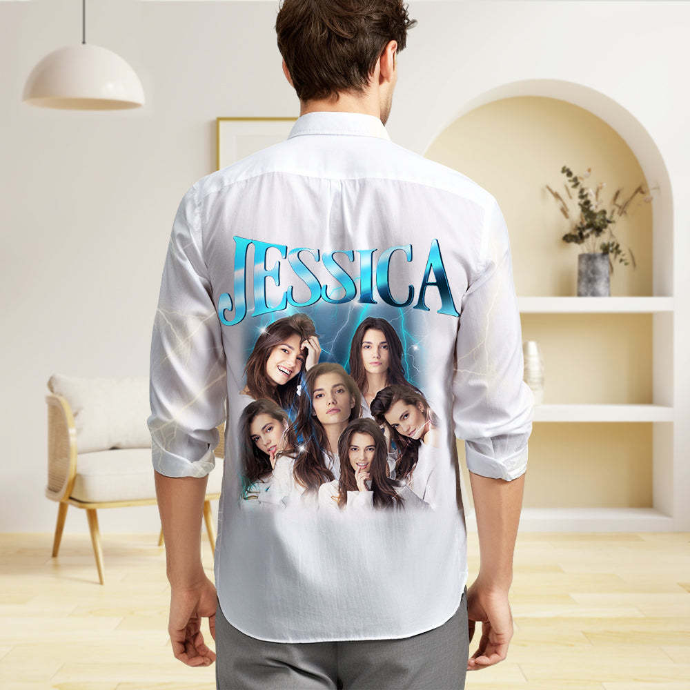 Custom Photo and Text Long Sleeve Shirts Personalized Photo Gift Men's Vintage Personality Lightning Shirts
