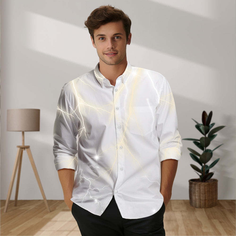 Custom Photo and Text Long Sleeve Shirts Personalized Photo Gift Men's Vintage Personality Lightning Shirts