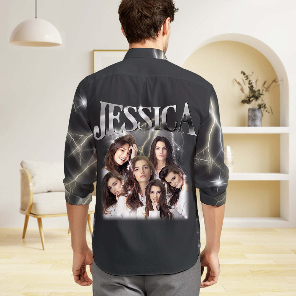Custom Photo and Text Long Sleeve Shirts Personalized Photo Gift Men's Vintage Personality Lightning Shirts